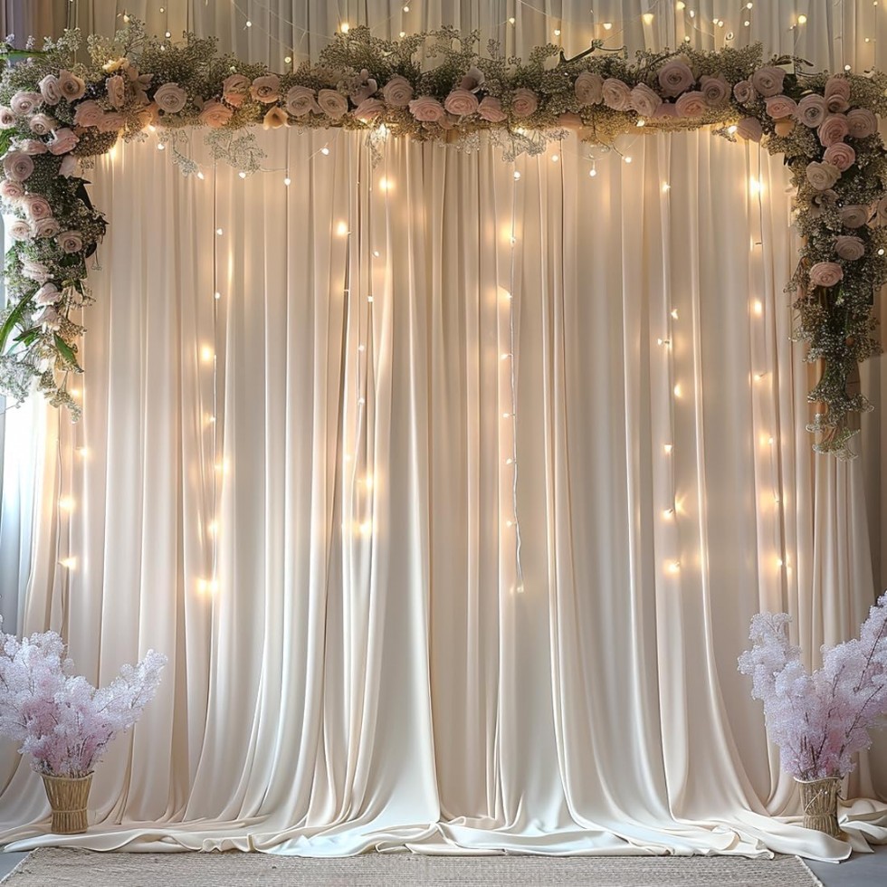 Kodu: 504 - 10x10ft Kırışıksız Fildişi Fon Perde, Düğün Ve Parti Dekoru İçin 2 Panel 5x10ft