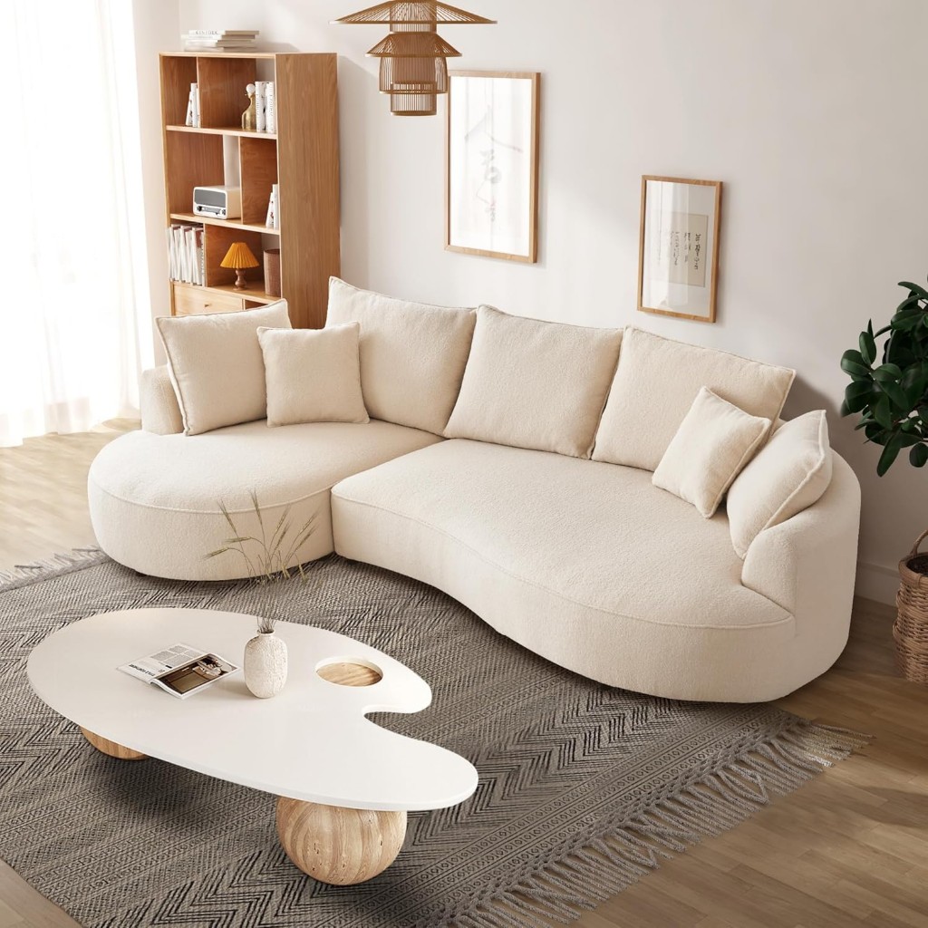 122.8'' Modern Modüler Koltuk, Bouclé Kadife Kumaş, Bej, Sağ Şezlong, 2 Yastık