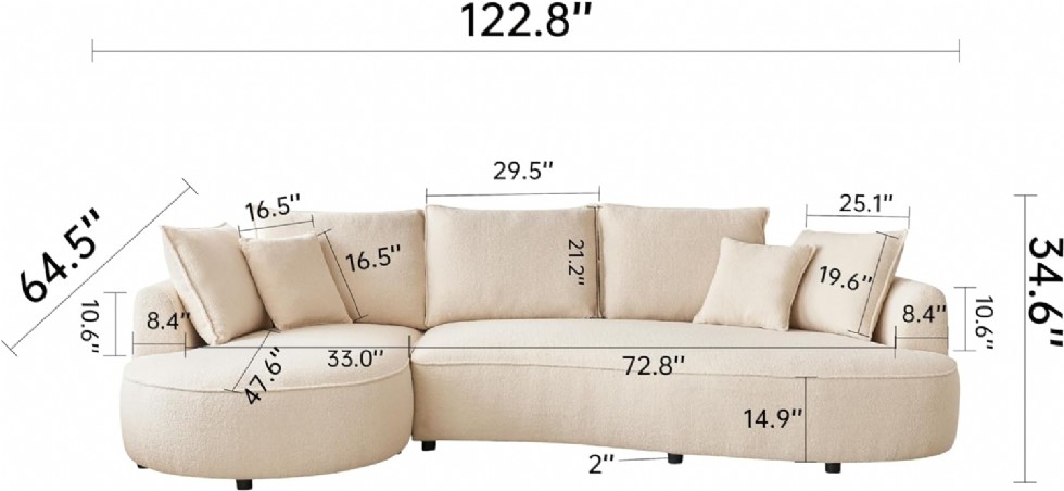 Kodu: 434 - 122.8'' Modern Modüler Koltuk, Bouclé Kadife Kumaş, Bej, Sağ Şezlong, 2 Yastık