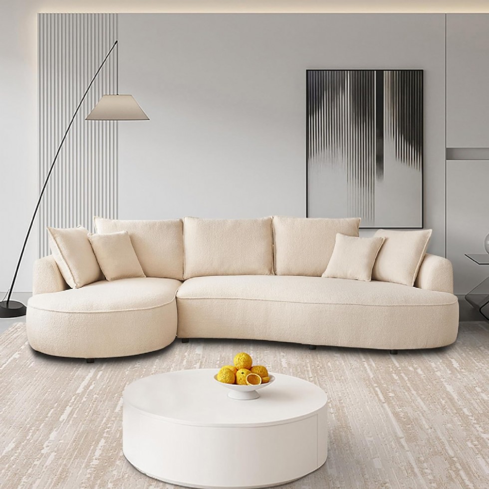 Kodu: 435 - 122.8'' Modern Modüler Koltuk, Bouclé Kadife Kumaş, Bej, Sağ Şezlong, 2 Yastık