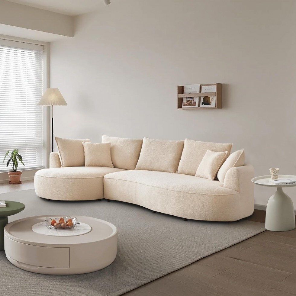 Kodu: 436 - 122.8'' Modern Modüler Koltuk, Bouclé Kadife Kumaş, Bej, Sağ Şezlong, 2 Yastık