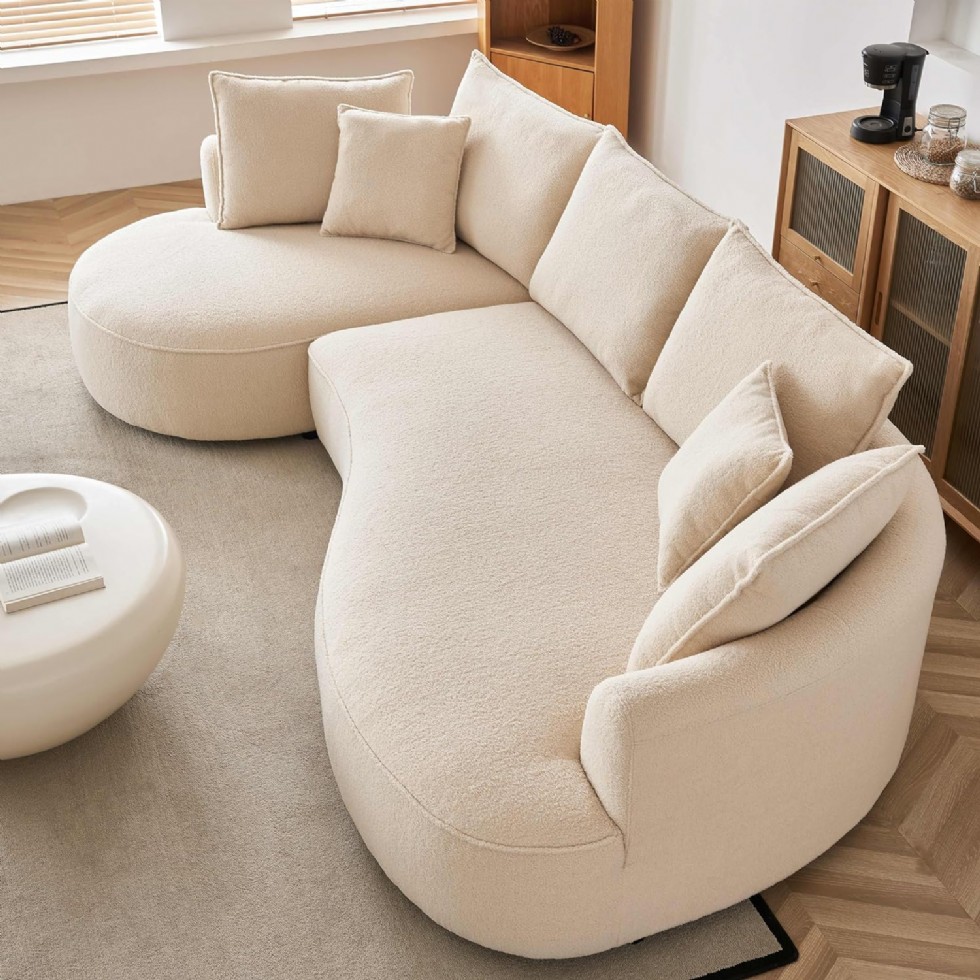 Kodu: 437 - 122.8'' Modern Modüler Koltuk, Bouclé Kadife Kumaş, Bej, Sağ Şezlong, 2 Yastık