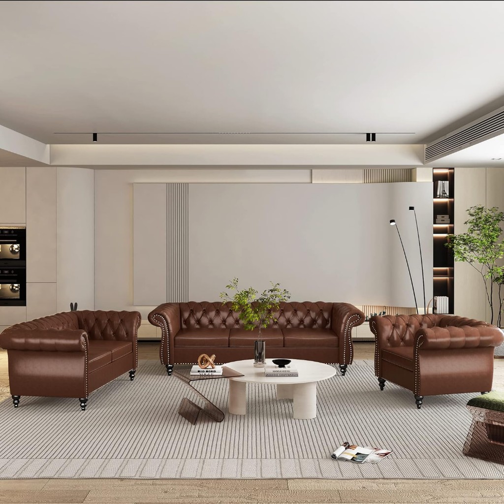 3 Parça Chesterfield Deri Koltuk Takımı, Kanepe Ve Berjer, Koyu Kahve