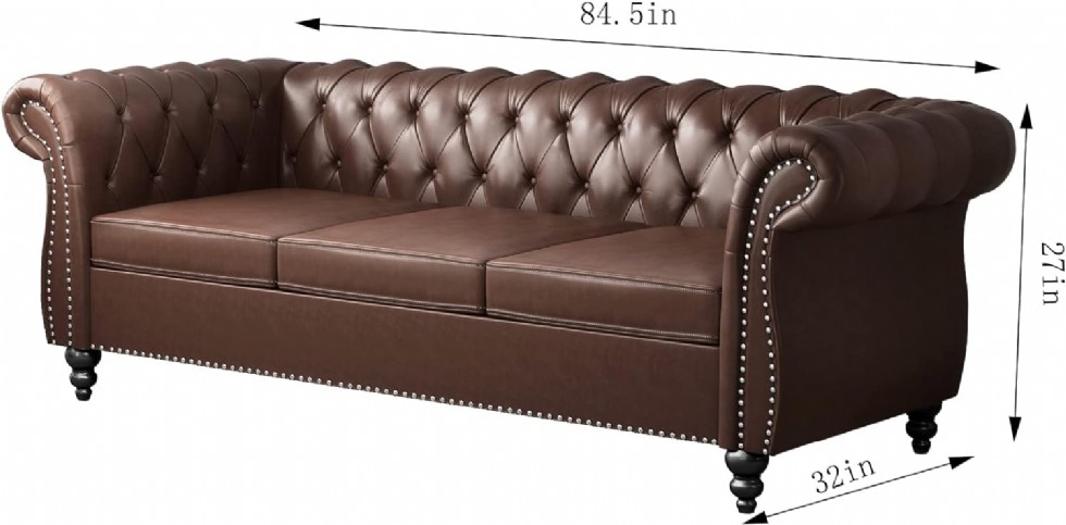 Kodu: 402 - 3 Parça Chesterfield Deri Koltuk Takımı, Kanepe Ve Berjer, Koyu Kahve