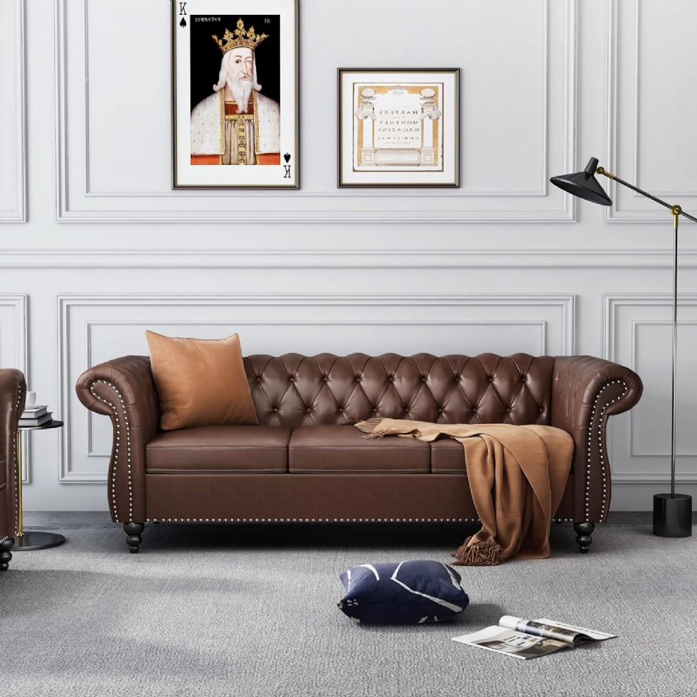 Kodu: 403 - 3 Parça Chesterfield Deri Koltuk Takımı, Kanepe Ve Berjer, Koyu Kahve