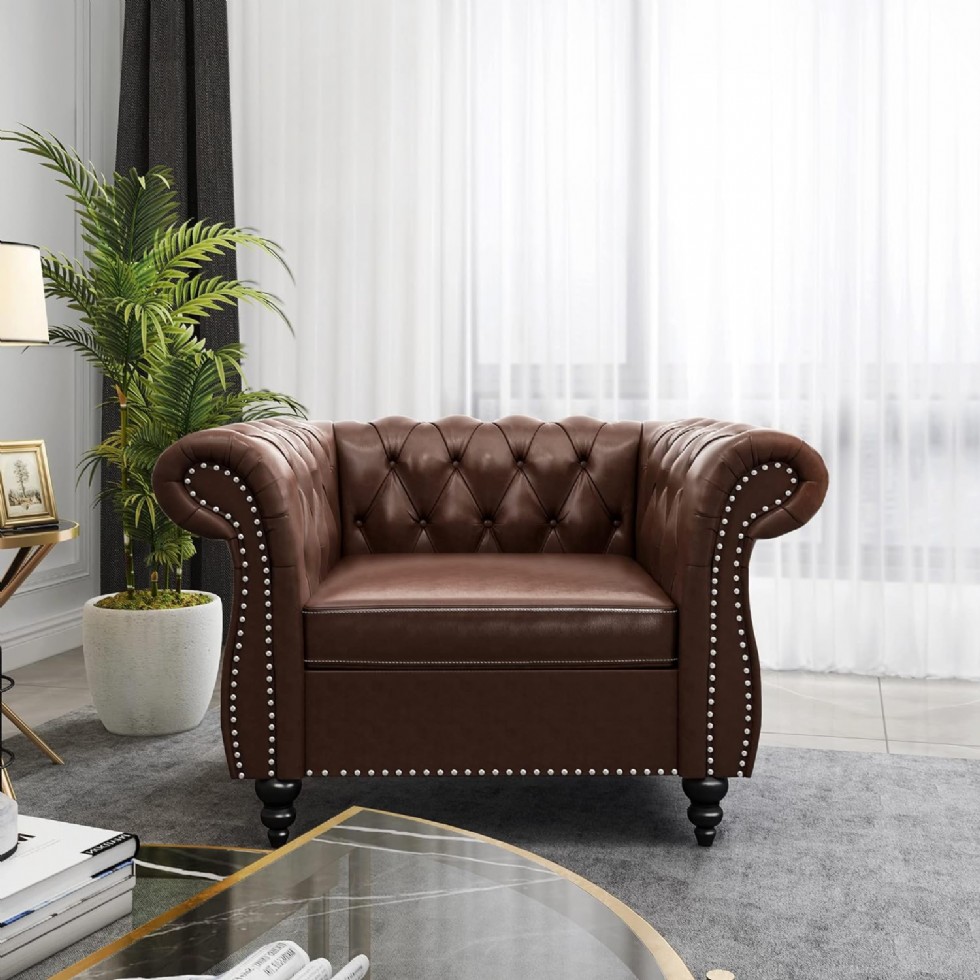 Kodu: 406 - 3 Parça Chesterfield Deri Koltuk Takımı, Kanepe Ve Berjer, Koyu Kahve