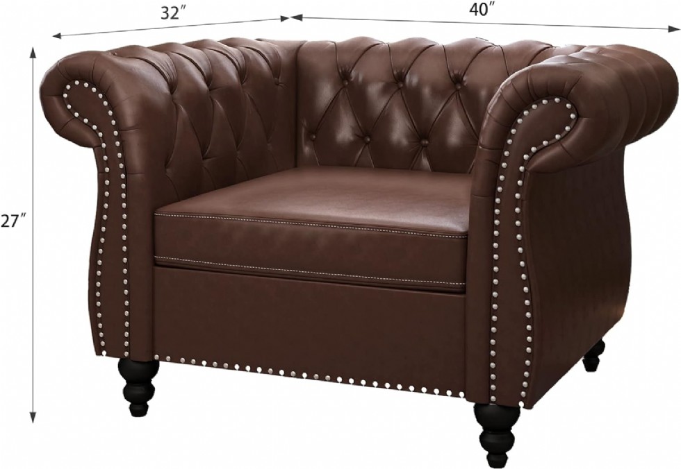 Kodu: 407 - 3 Parça Chesterfield Deri Koltuk Takımı, Kanepe Ve Berjer, Koyu Kahve