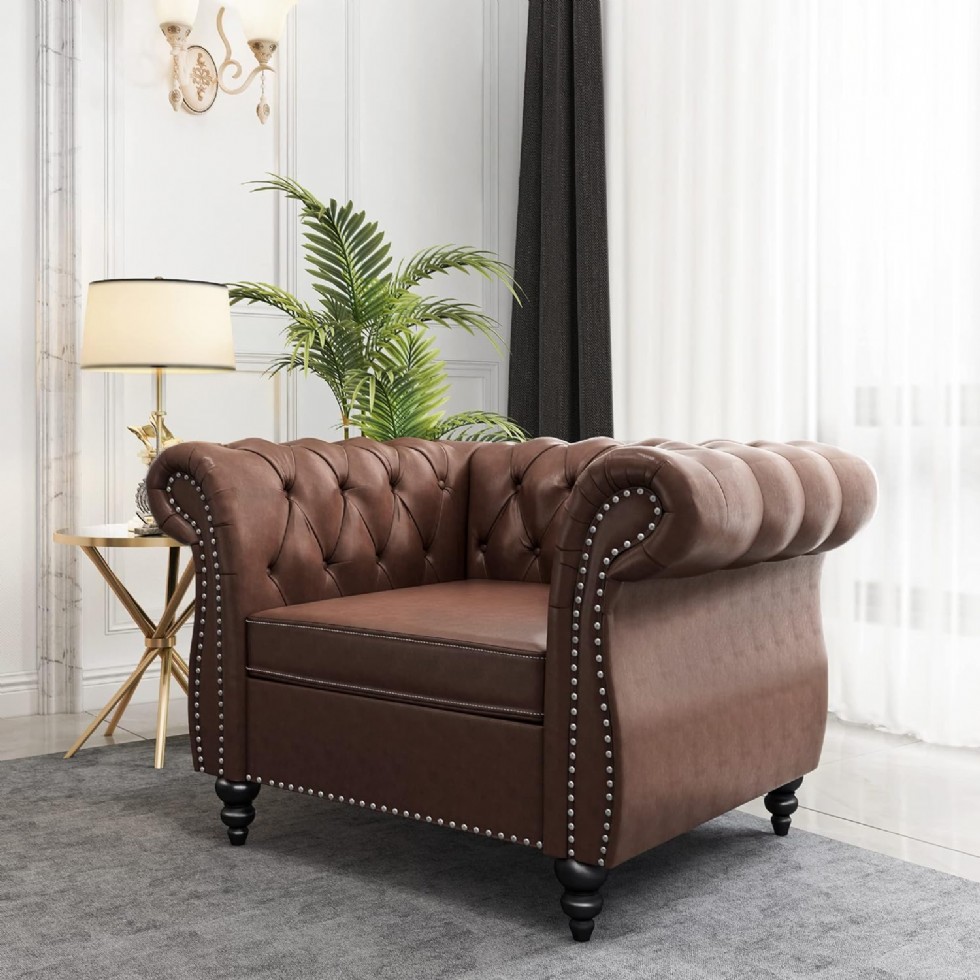 Kodu: 408 - 3 Parça Chesterfield Deri Koltuk Takımı, Kanepe Ve Berjer, Koyu Kahve