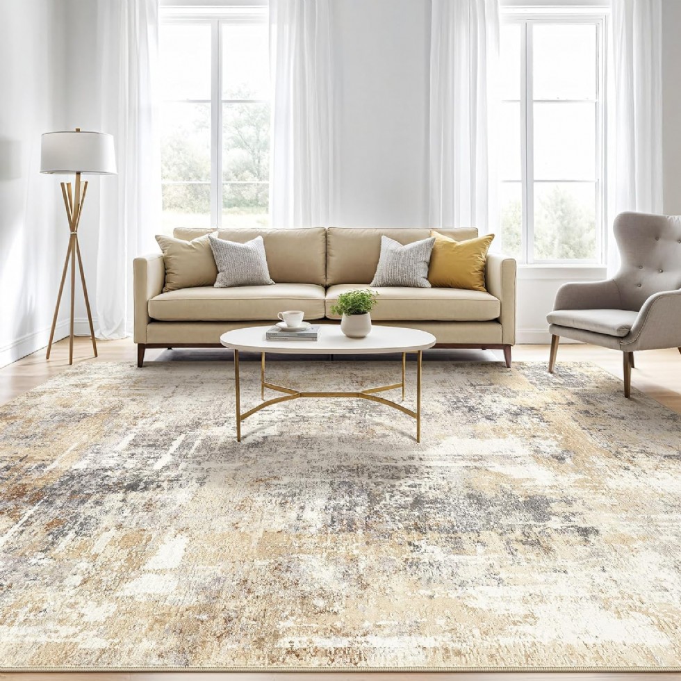 Kodu: 646 - 9x12 Modern Yıkanabilir Büyük Soyut Halı, Leke Tutmaz, Kaymaz, Gri Altın