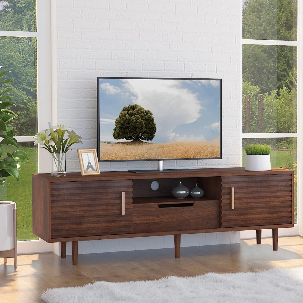 Alohappy Mid-century Modern 65inç Tv Sehpası, Ahşap Konsol, Kahverengi