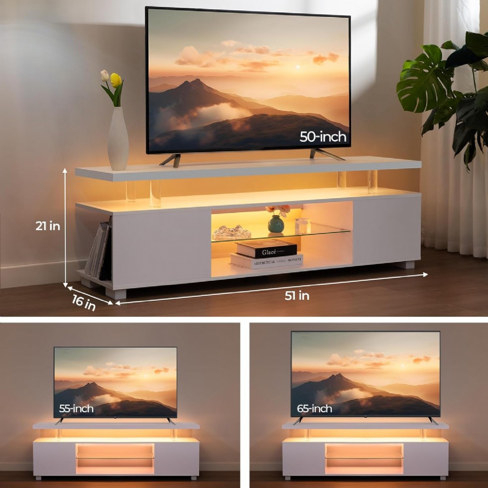 Kodu: 36 - Beyaz Led Tv Ünitesi, 65/70/75 İnç Tv'ler İçin Modern Tv Sehpası