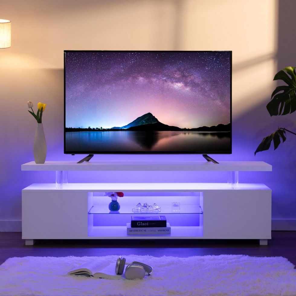 Kodu: 37 - Beyaz Led Tv Ünitesi, 65/70/75 İnç Tv'ler İçin Modern Tv Sehpası