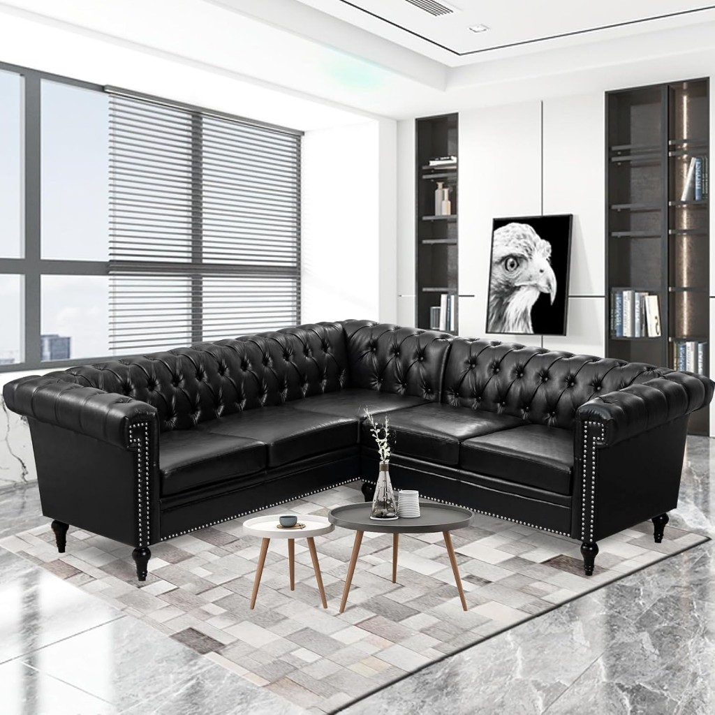 Chesterfield L Koltuk Suni Deri Köşe Takımı, Modern 5 Kişilik Siyah Kanepe