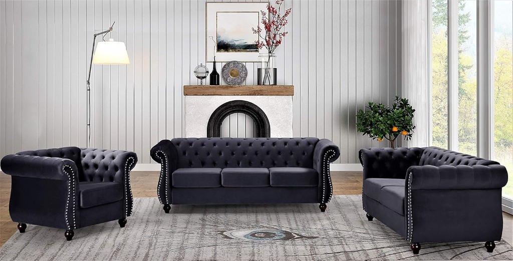 Feinstein Modern Kadife Chesterfield Koltuk, Çivili, Elmas Tuf, Metal Çerçeve, Siyah