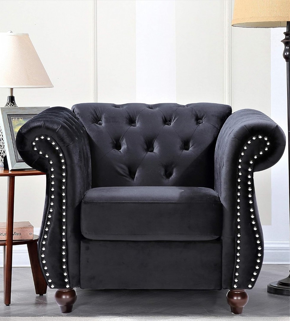 Kodu: 409 - Feinstein Modern Kadife Chesterfield Koltuk, Çivili, Elmas Tuf, Metal Çerçeve, Siyah