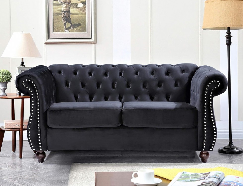 Kodu: 410 - Feinstein Modern Kadife Chesterfield Koltuk, Çivili, Elmas Tuf, Metal Çerçeve, Siyah