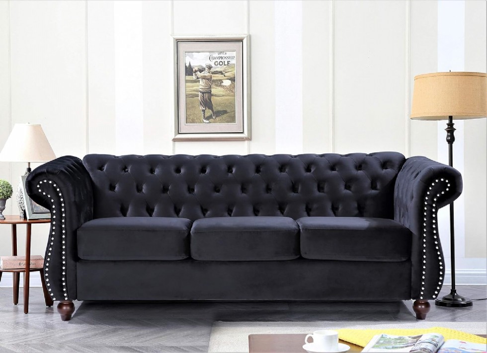 Kodu: 411 - Feinstein Modern Kadife Chesterfield Koltuk, Çivili, Elmas Tuf, Metal Çerçeve, Siyah