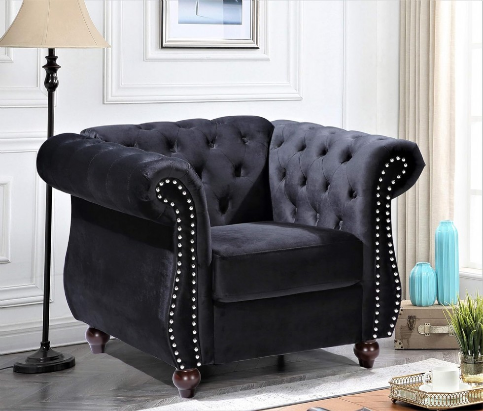 Kodu: 412 - Feinstein Modern Kadife Chesterfield Koltuk, Çivili, Elmas Tuf, Metal Çerçeve, Siyah