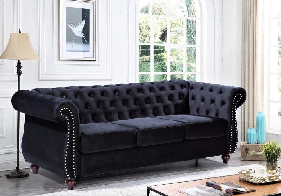 Kodu: 413 - Feinstein Modern Kadife Chesterfield Koltuk, Çivili, Elmas Tuf, Metal Çerçeve, Siyah