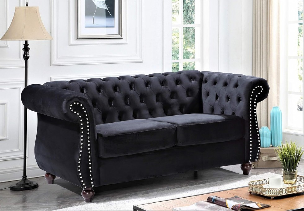 Kodu: 414 - Feinstein Modern Kadife Chesterfield Koltuk, Çivili, Elmas Tuf, Metal Çerçeve, Siyah