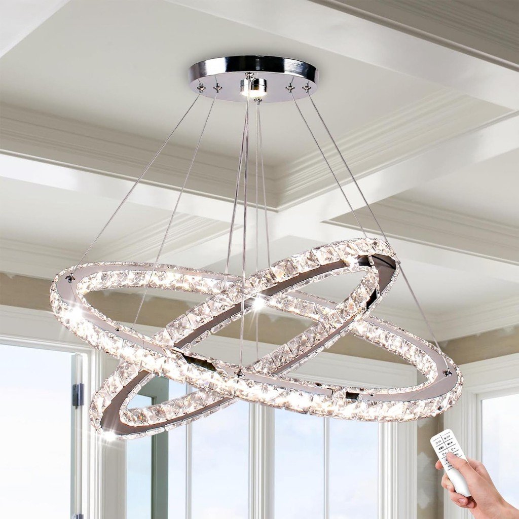 Finktonglan 60 Cm Oval Kristal Avize, 2 Halkalı Modern Led Avize, Uzaktan Kumandalı