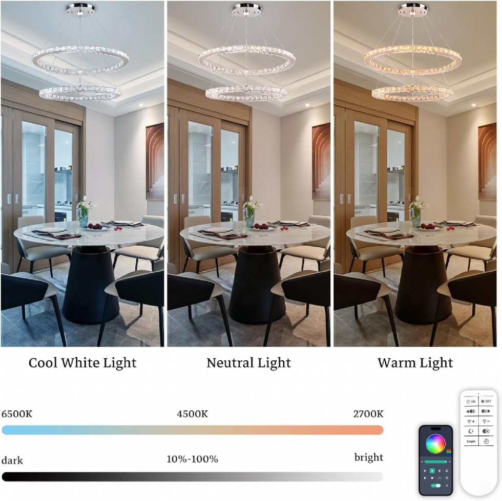 Kodu: 789 - Finktonglan 60 Cm Oval Kristal Avize, 2 Halkalı Modern Led Avize, Uzaktan Kumandalı