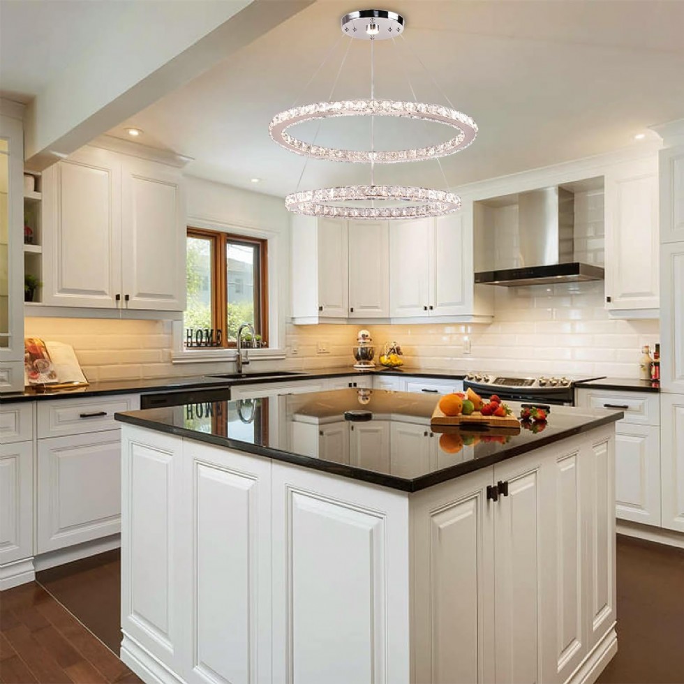 Kodu: 790 - Finktonglan 60 Cm Oval Kristal Avize, 2 Halkalı Modern Led Avize, Uzaktan Kumandalı