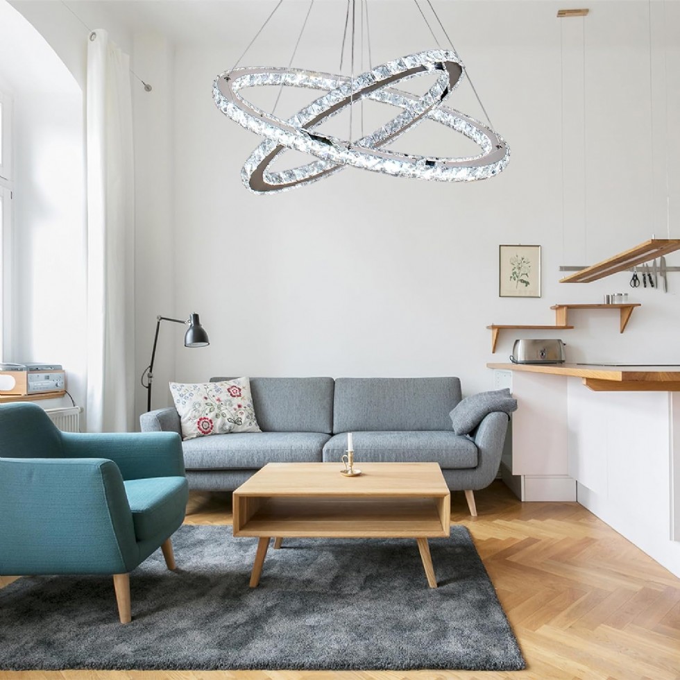 Kodu: 791 - Finktonglan 60 Cm Oval Kristal Avize, 2 Halkalı Modern Led Avize, Uzaktan Kumandalı