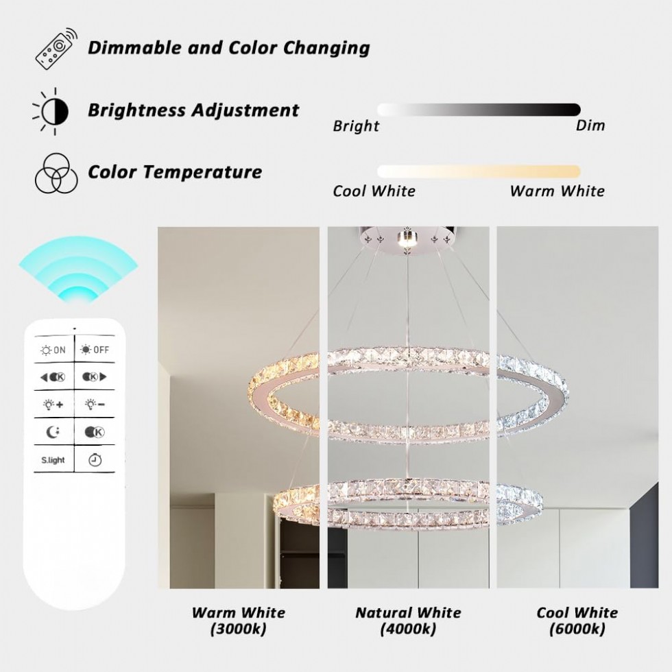 Kodu: 792 - Finktonglan 60 Cm Oval Kristal Avize, 2 Halkalı Modern Led Avize, Uzaktan Kumandalı