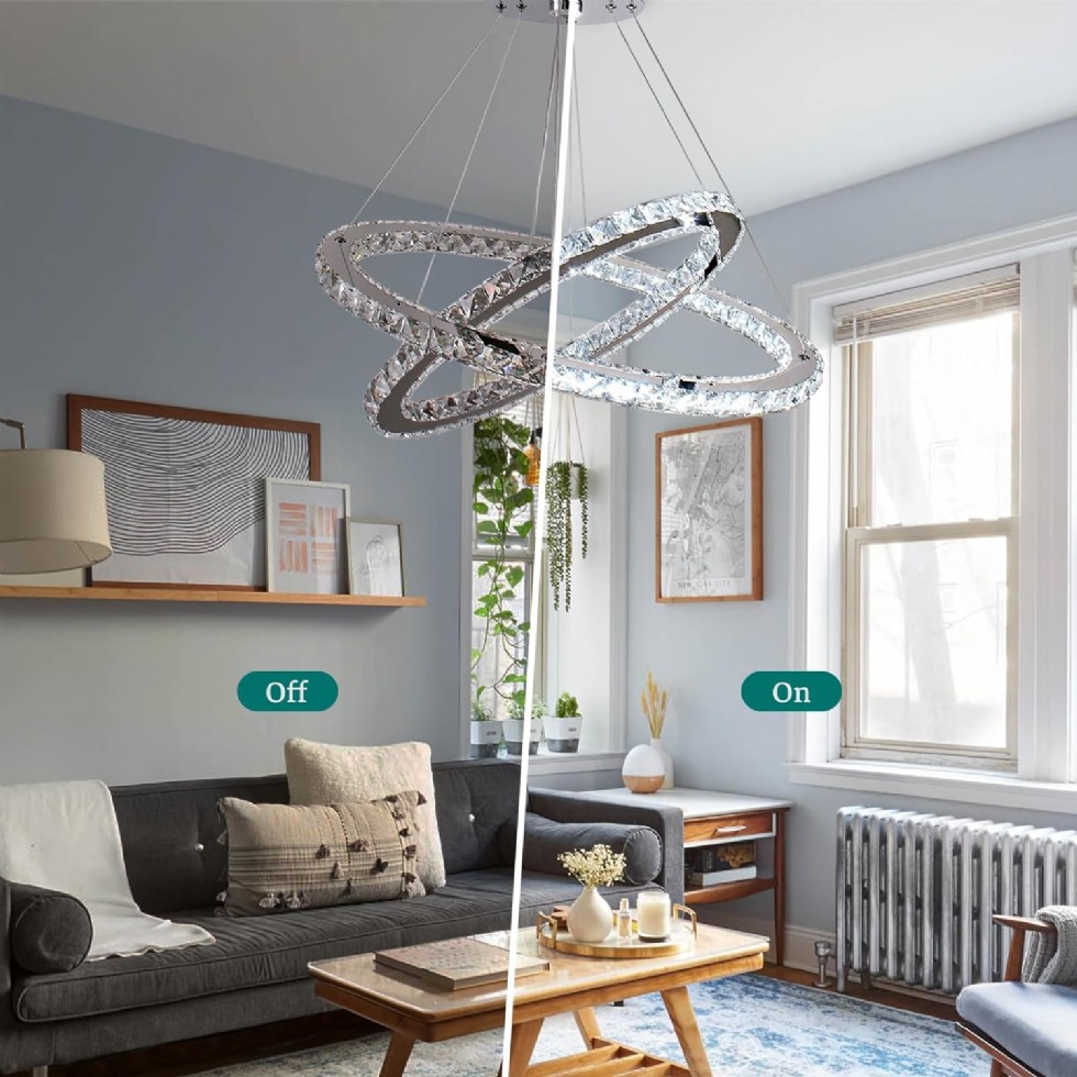 Kodu: 793 - Finktonglan 60 Cm Oval Kristal Avize, 2 Halkalı Modern Led Avize, Uzaktan Kumandalı