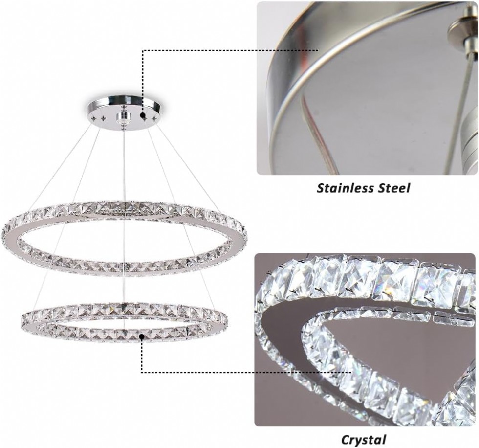 Kodu: 794 - Finktonglan 60 Cm Oval Kristal Avize, 2 Halkalı Modern Led Avize, Uzaktan Kumandalı
