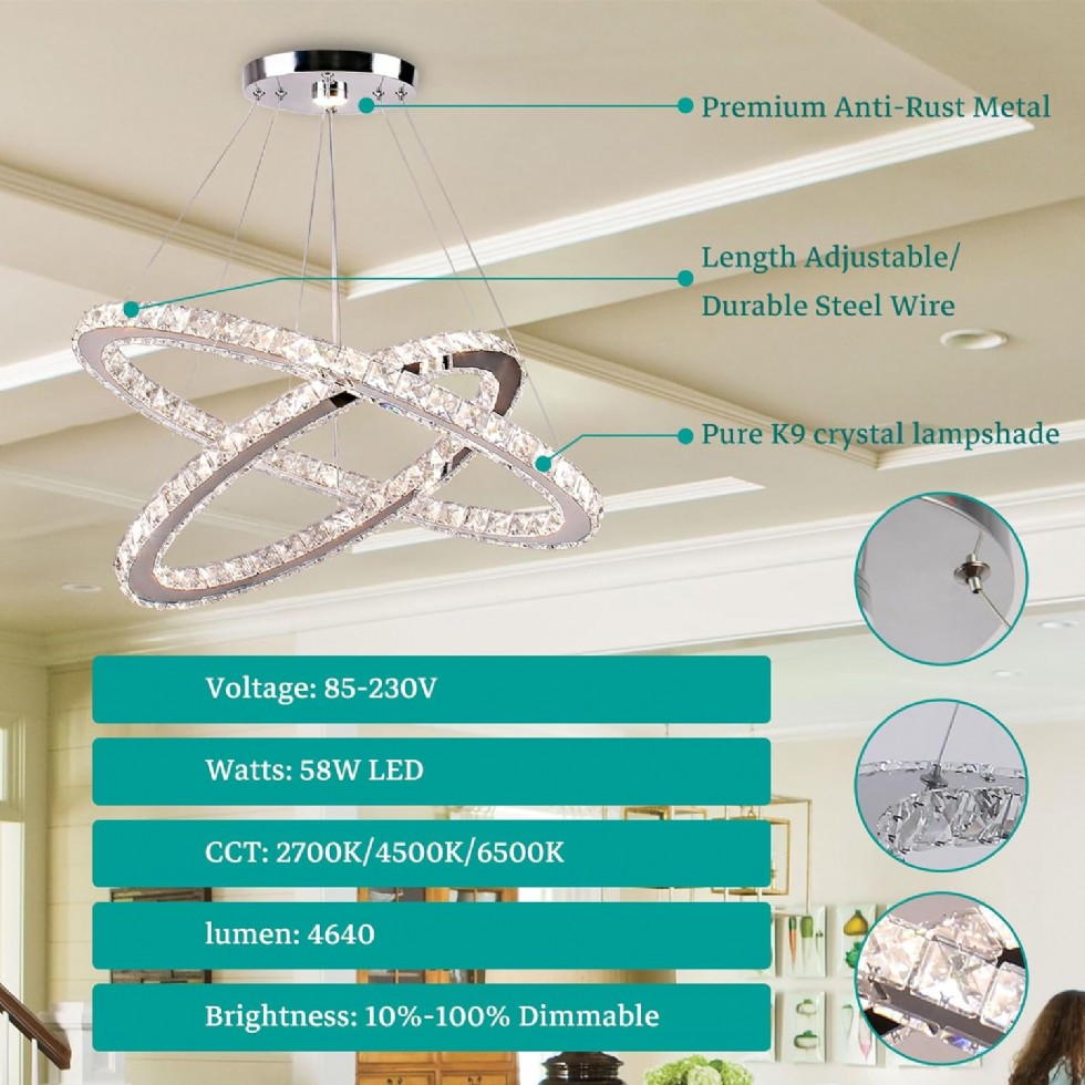 Kodu: 795 - Finktonglan 60 Cm Oval Kristal Avize, 2 Halkalı Modern Led Avize, Uzaktan Kumandalı