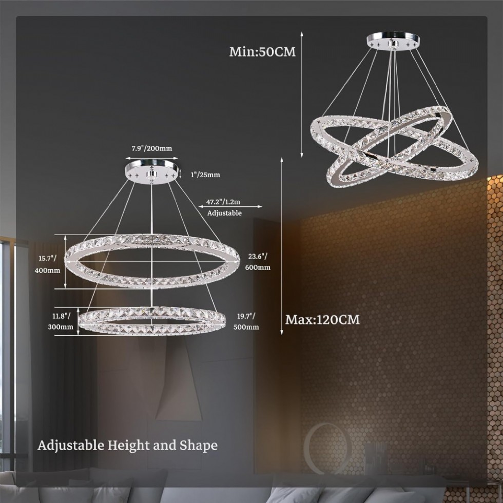 Kodu: 796 - Finktonglan 60 Cm Oval Kristal Avize, 2 Halkalı Modern Led Avize, Uzaktan Kumandalı
