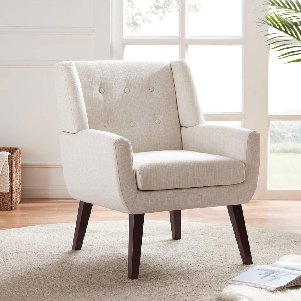 Huımo Bej Koltuk, Modern Şık Okuma Koltuğu, Döşemeli Linen Kumaş, Yatak Odası & Salon