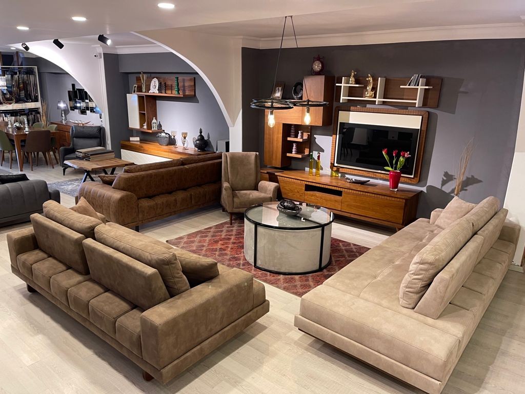 Kahverengi Modern Lüks Yataklı Üçlü Kanepe Takımı Ve Tv Ünitesi