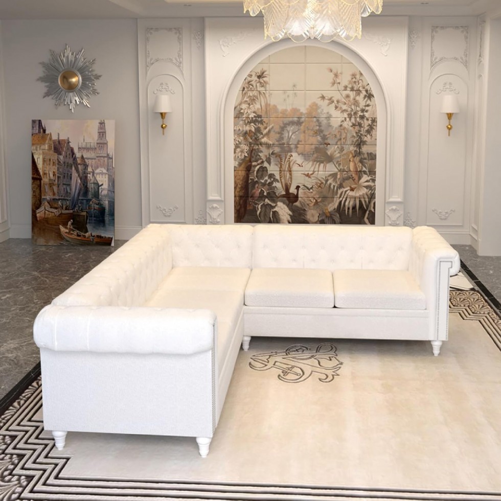 Kodu: 467 - L Şeklinde Chesterfield Teddy Kadife 5 Kişilik Koltuk, Modern Tırnak Tasarımlı Köşe Koltuk