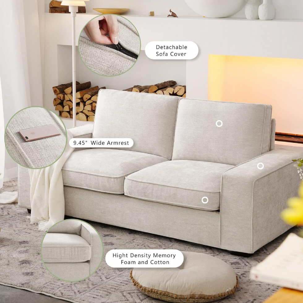 Kodu: 278 - Leısland 181 Cm Modern Koltuk, Şönil Kumaş, Ahşap Ve Metal, Küçük Alanlar İçin, Bej