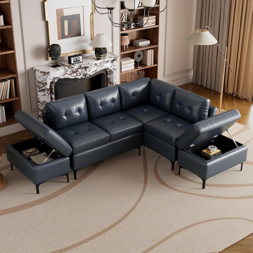 Linique 240 Cm L Şekilli Pu Deri Koltuk, 2 Hareketli Saklama Osmanlı, Modern Köşe Takımı, Mavi