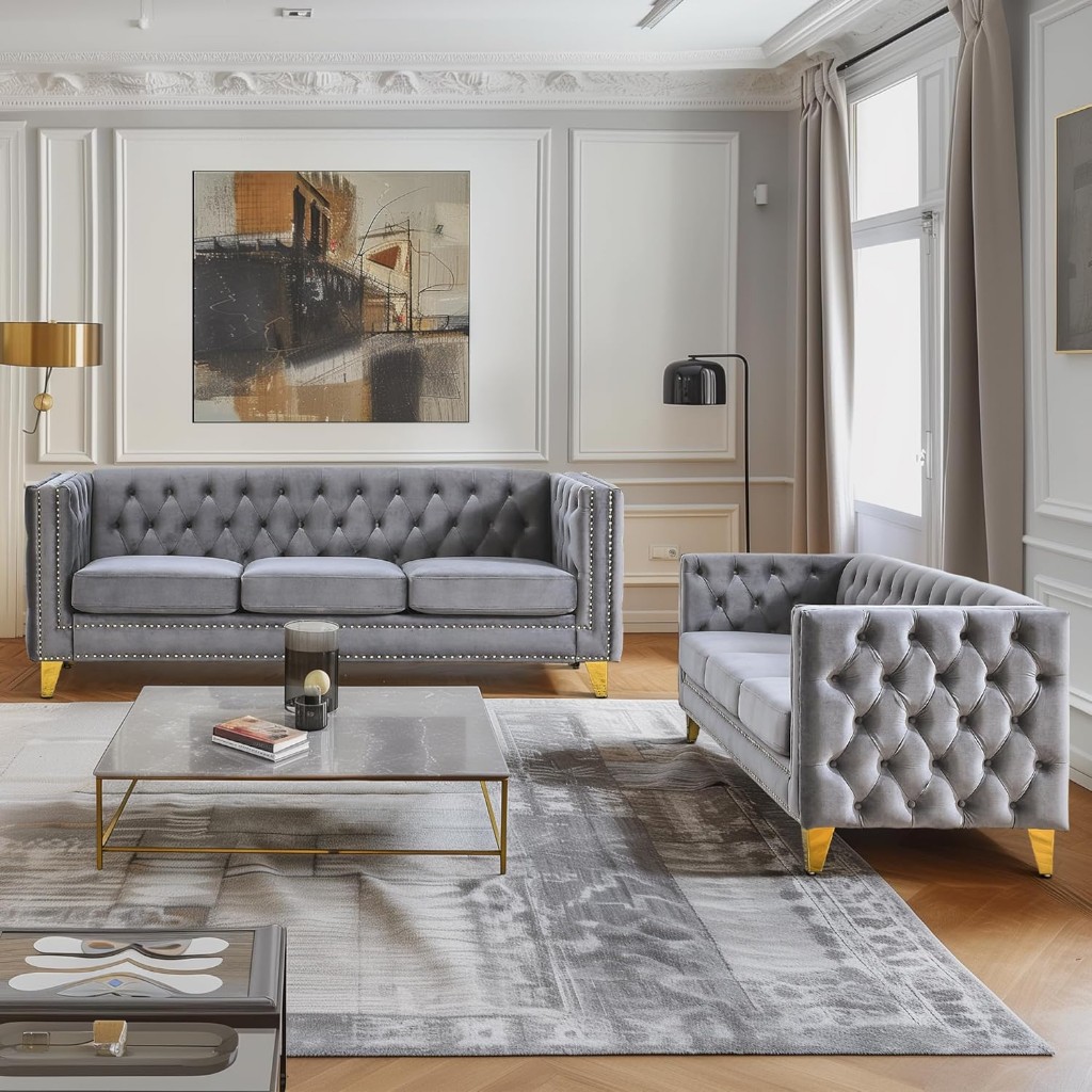 Modern Kadife 2 Parça 3+3 Koltuk Takımı, 205 Cm, Altın Detaylı, Gri, Kare Kollu