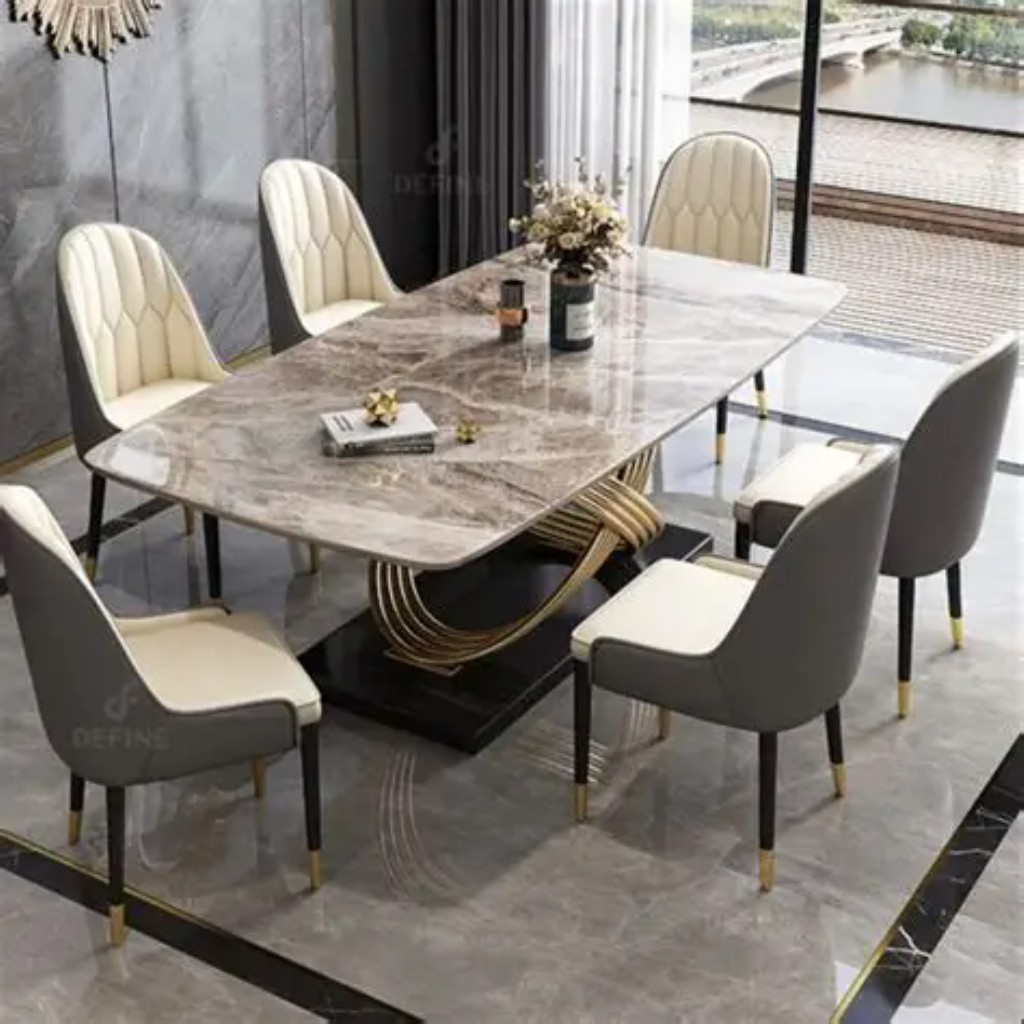 Modern Lüks Yemek Odası Takımı Sinterlenmiş Taş Üstlü Şık Yemek Masası