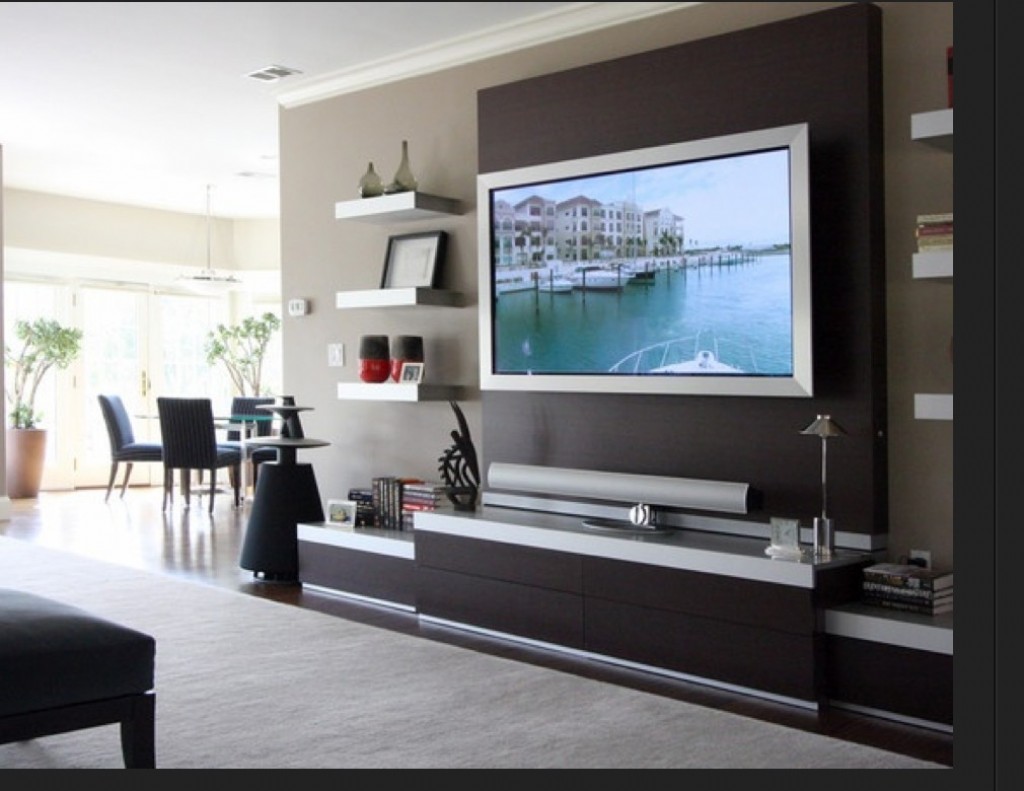 Modern Tasarımlı Venge Renk Duvara Monte Raflı Şık Tv Ünitesi Modeli