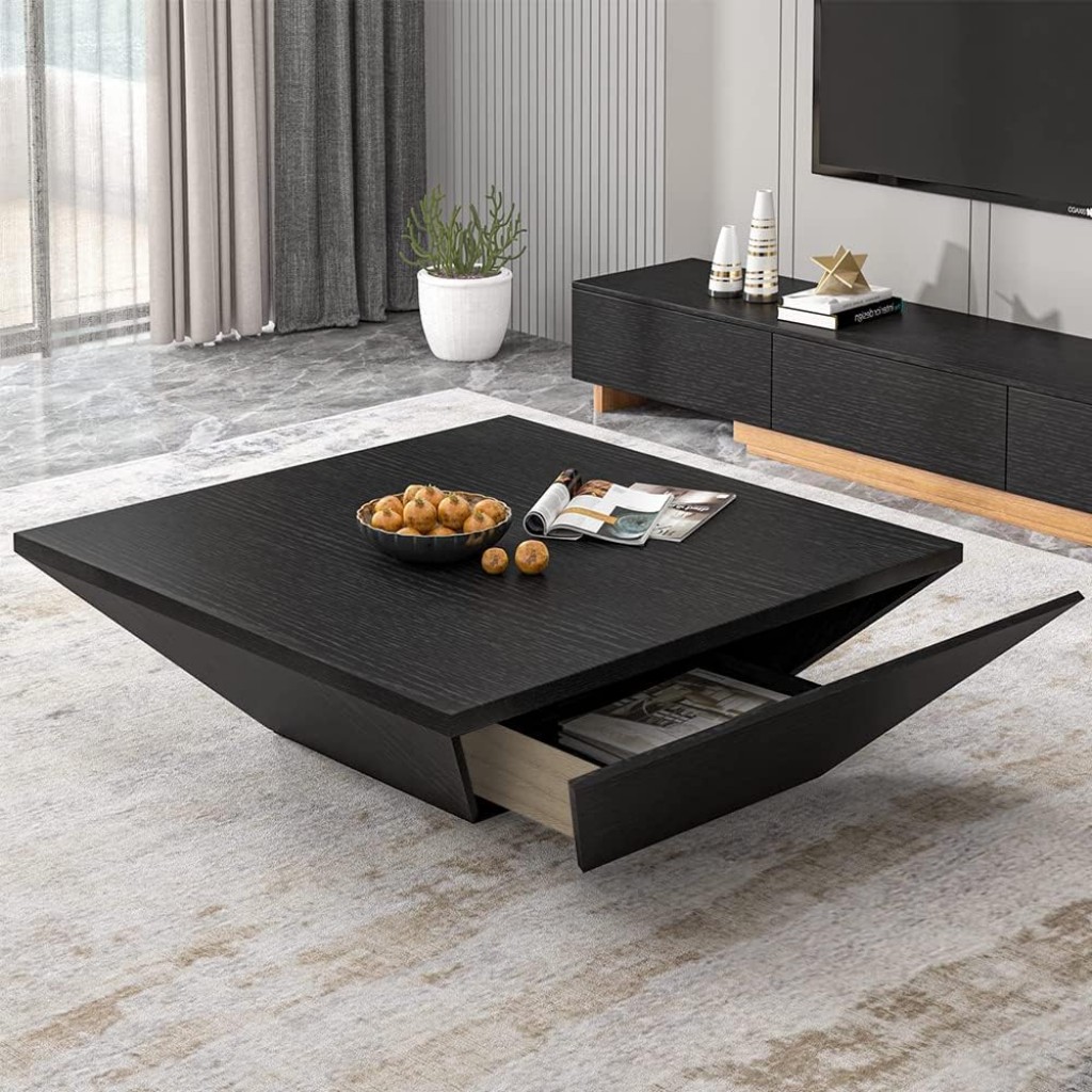 Povıson Modern Ahşap Kahve Sehpası, 100 Cm Siyah, Çekmeceli, Depolamalı