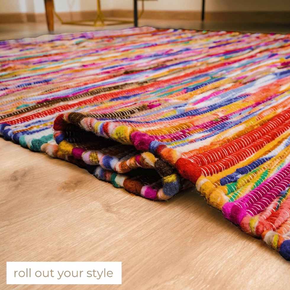 Kodu: 692 - Rajrang Boho Chindi Halı 50x80 Cm - El Dokuma Geri Dönüşüm Çok Renkli Püsküllü Paspartu