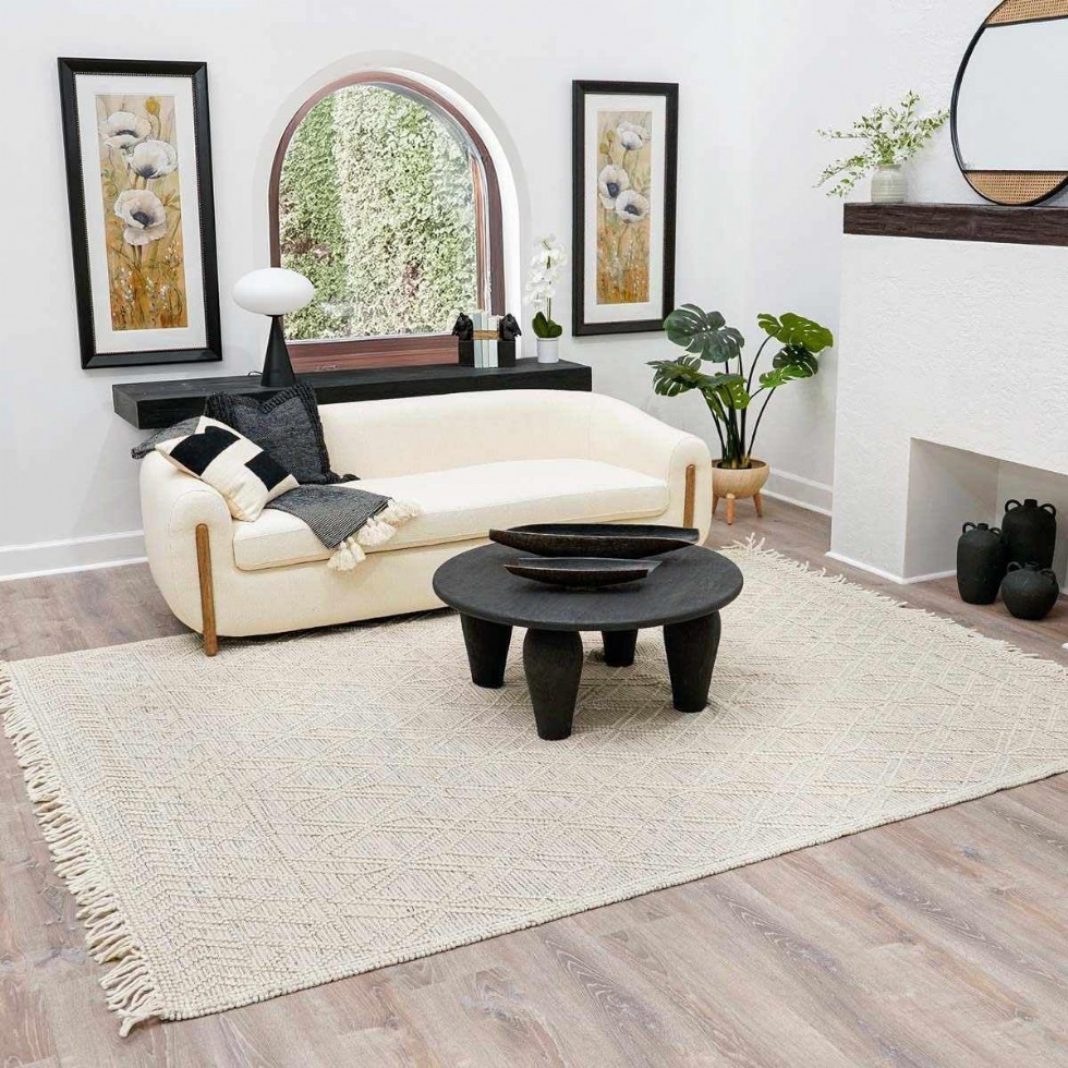 Kodu: 683 - Ramsbury Boho El Dokuma Yün Halı - Çiftlik Evi Desenli, Fildişi, Krem, Gri - 8' Kare