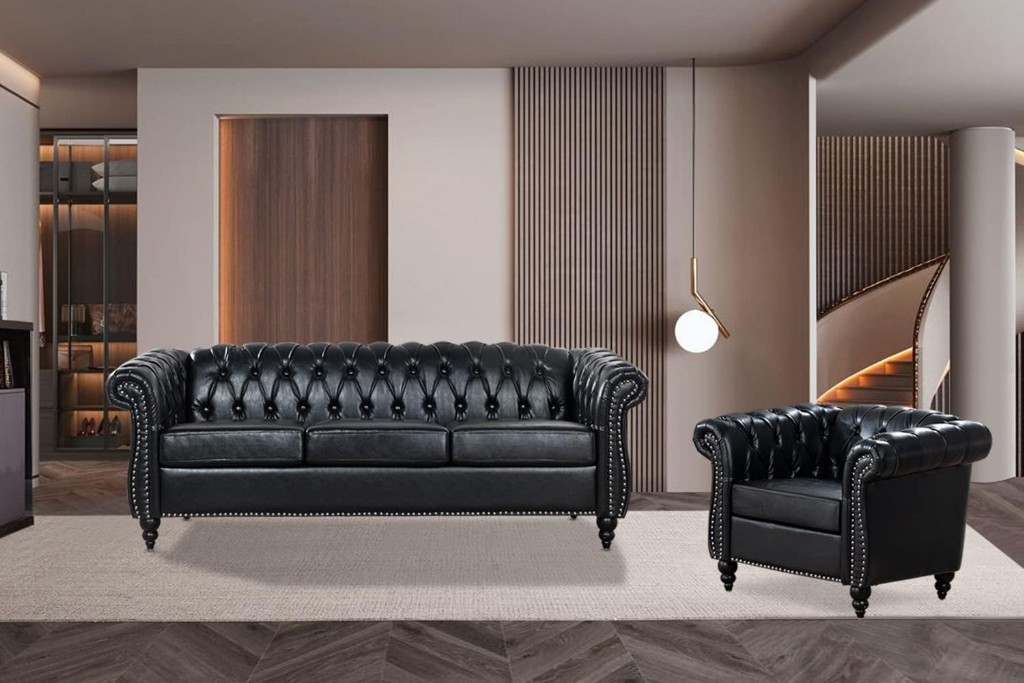 Siyah Chesterfield Koltuk Takımı, Lüks Suni Deri, 3'lü Kanepe Ve Koltuk, Kolay Kurulum