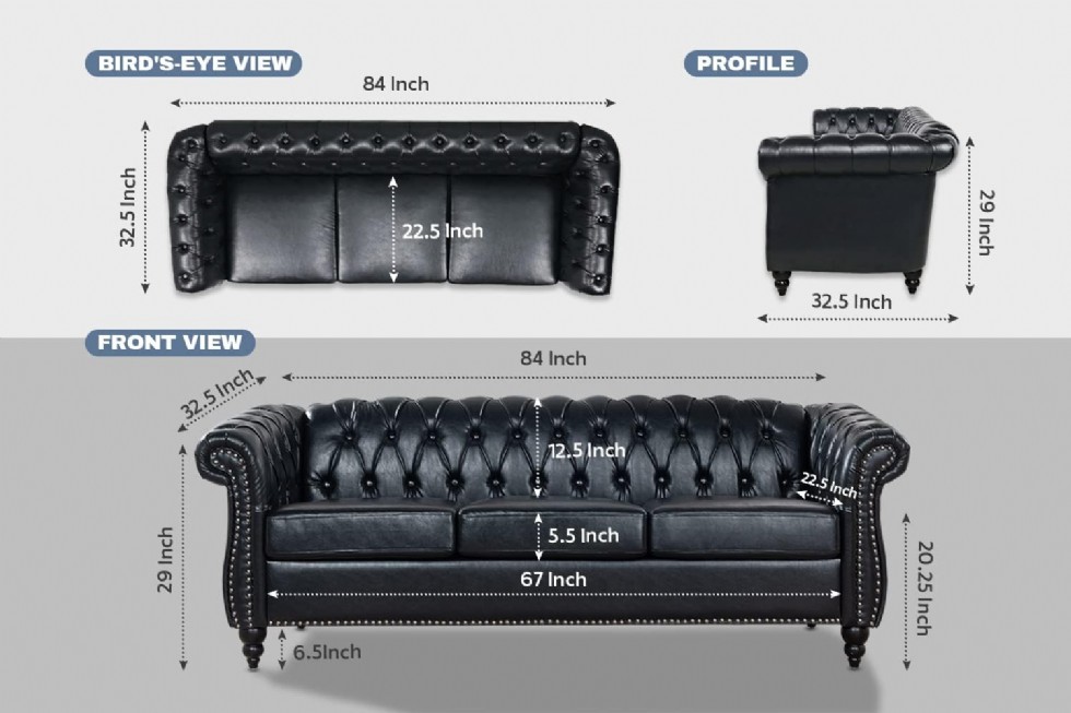 Kodu: 415 - Siyah Chesterfield Koltuk Takımı, Lüks Suni Deri, 3'lü Kanepe Ve Koltuk, Kolay Kurulum