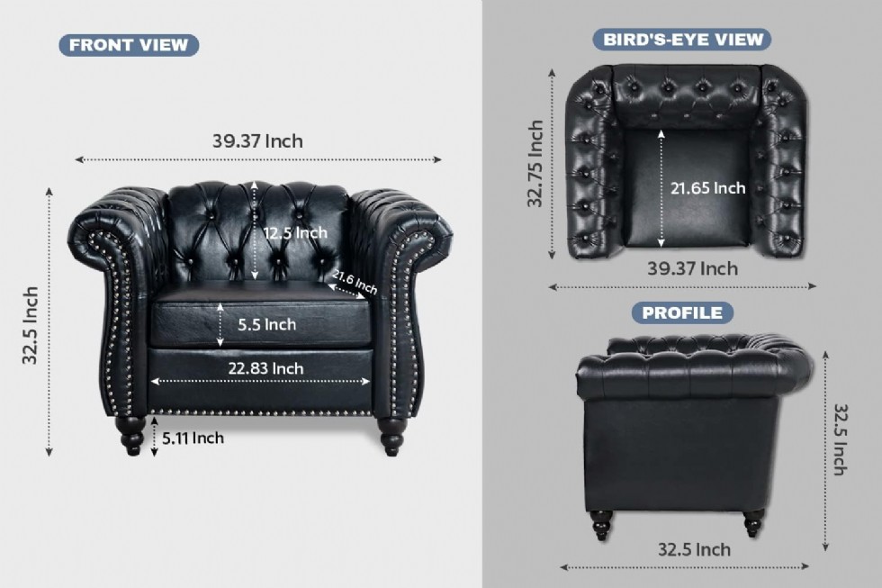 Kodu: 419 - Siyah Chesterfield Koltuk Takımı, Lüks Suni Deri, 3'lü Kanepe Ve Koltuk, Kolay Kurulum