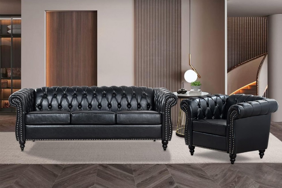 Kodu: 421 - Siyah Chesterfield Koltuk Takımı, Lüks Suni Deri, 3'lü Kanepe Ve Koltuk, Kolay Kurulum