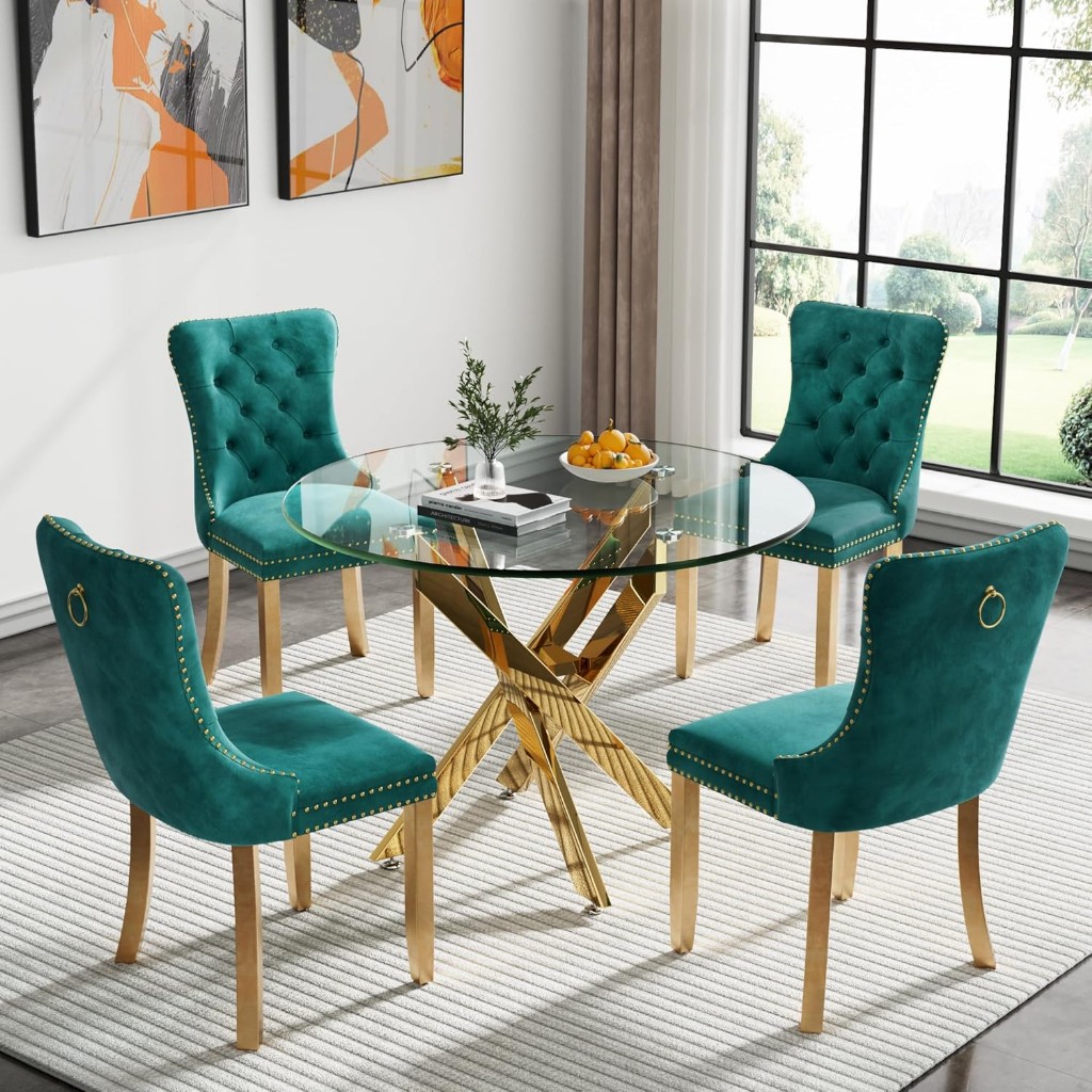 Ssline Modern 5 Parça Yuvarlak Cam Yemek Masası Ve 4 Yeşil Sandalye