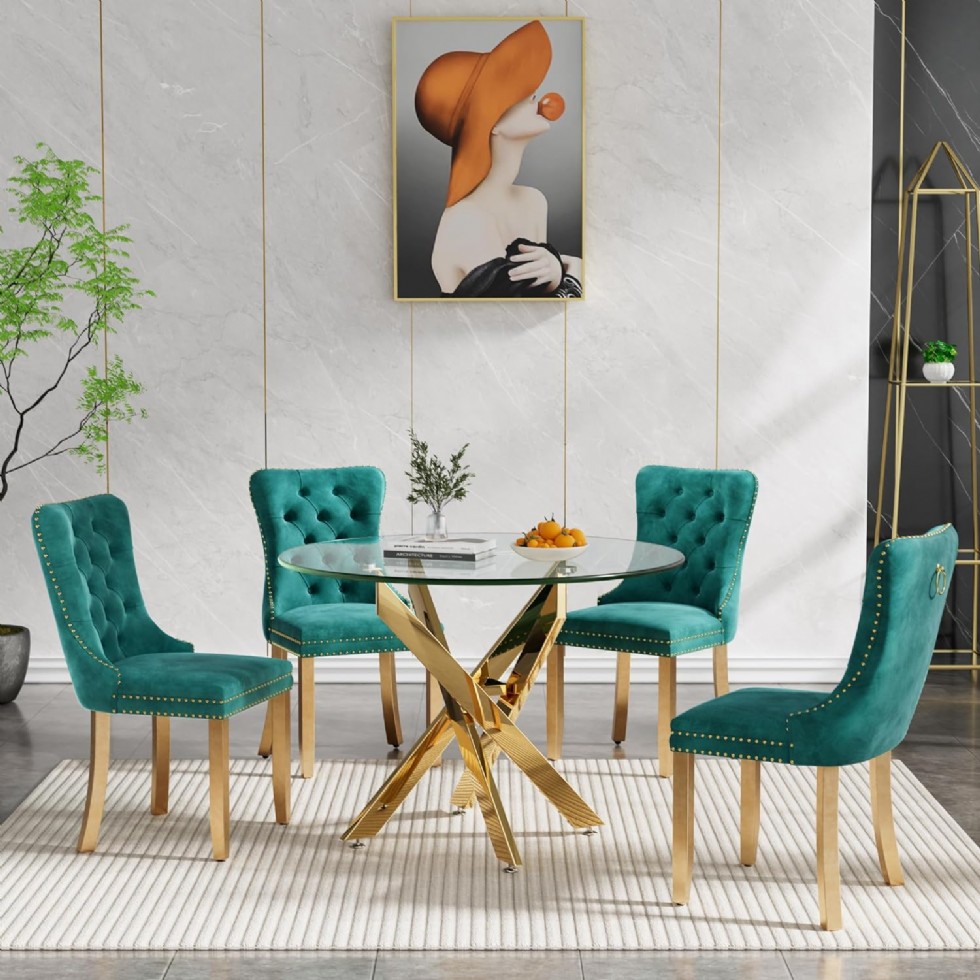 Kodu: 54 - Ssline Modern 5 Parça Yuvarlak Cam Yemek Masası Ve 4 Yeşil Sandalye